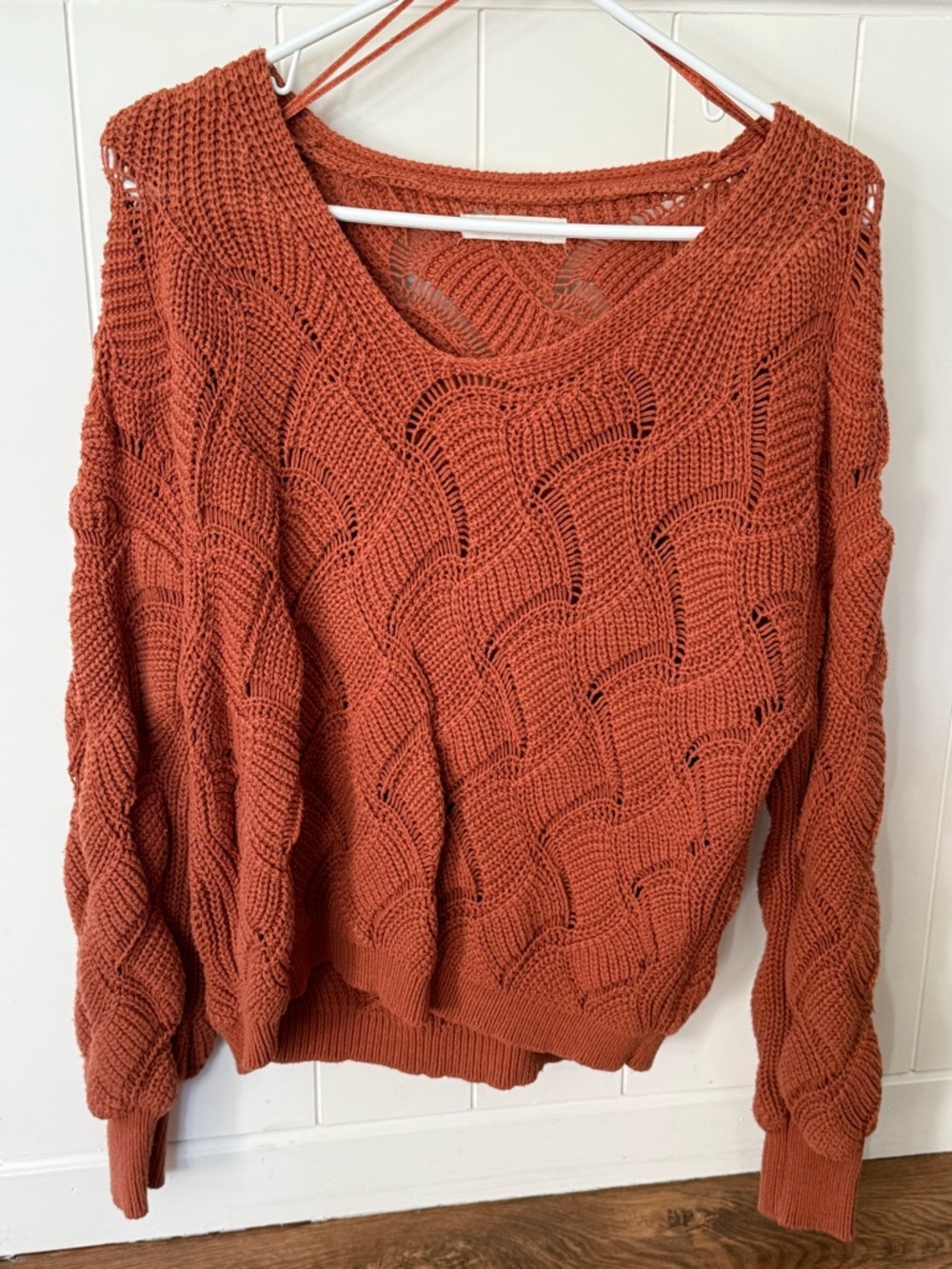 moon & madison Rust Open‑Knit V‑Neck Sweater
